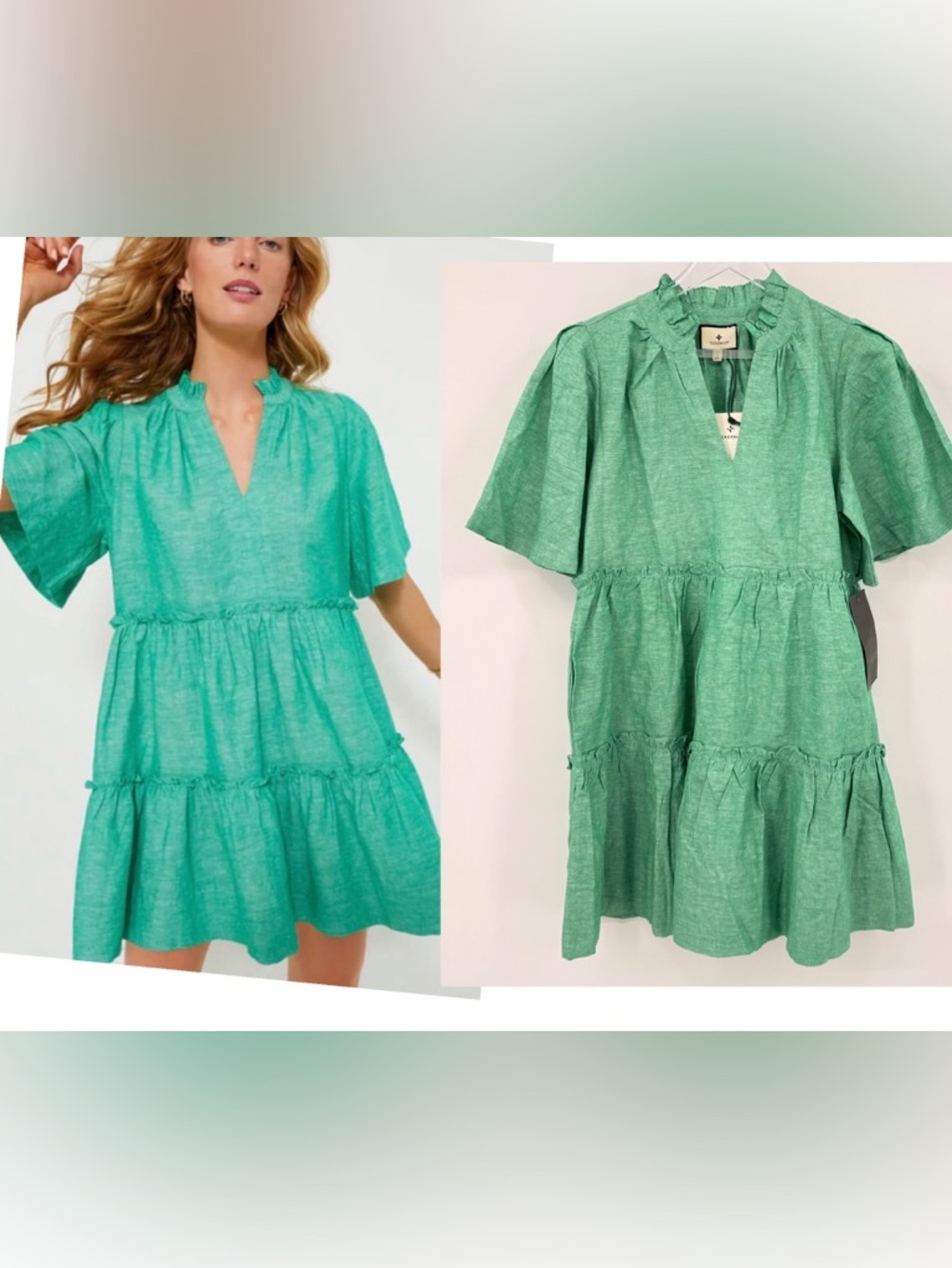 Tuckernuck Green Crawford Mini Dress SMALL Linen Blend Tiered Swing Preppy NEW